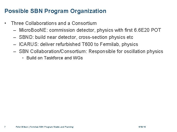 Possible SBN Program Organization • Three Collaborations and a Consortium – Micro. Boo. NE: