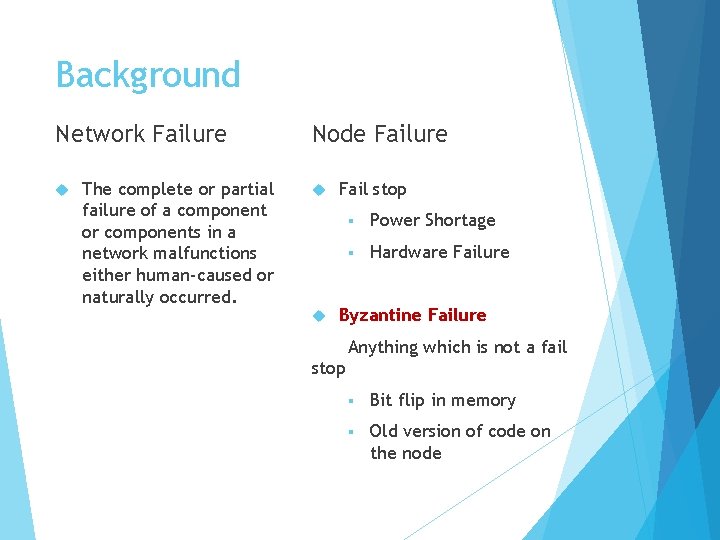 Background Network Failure The complete or partial failure of a component or components in