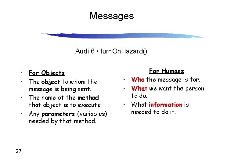 Messages Audi 6 • turn. On. Hazard() • For Objects • The object to