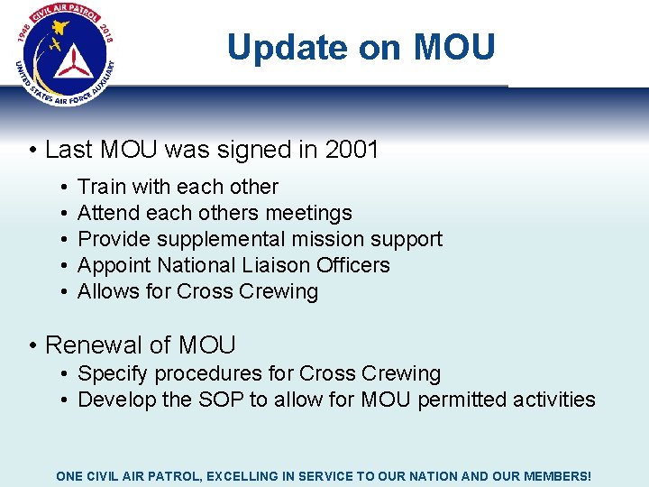 Update on MOU • Last MOU was signed in 2001 • • • Train