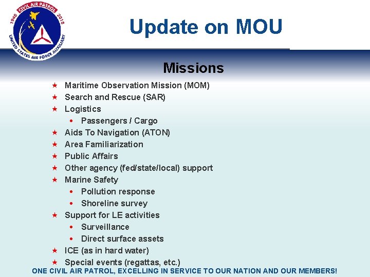 Update on MOU Missions Maritime Observation Mission (MOM) Search and Rescue (SAR) Logistics Passengers