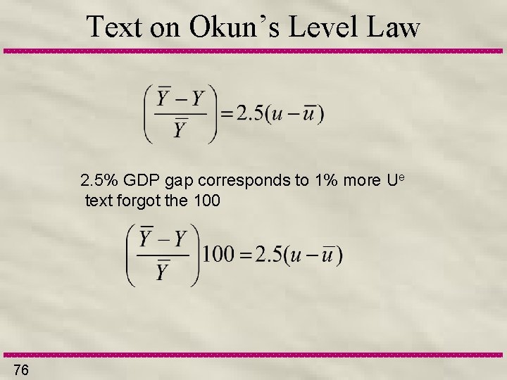 Text on Okun’s Level Law 2. 5% GDP gap corresponds to 1% more Ue