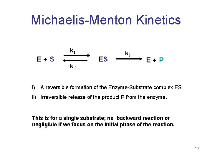 Michaelis-Menton Kinetics k 1 E+S ES k 2 i) k 3 E+P A reversible