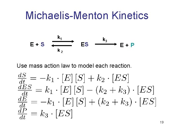 Michaelis-Menton Kinetics k 1 E+S ES k 2 k 3 E+P Use mass action