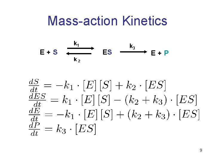 Mass-action Kinetics k 1 E+S ES k 2 k 3 E+P 9 