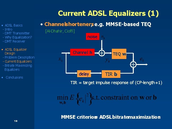 Current ADSL Equalizers (1) • ADSL Basics - Intro - DMT Transmitter - Why