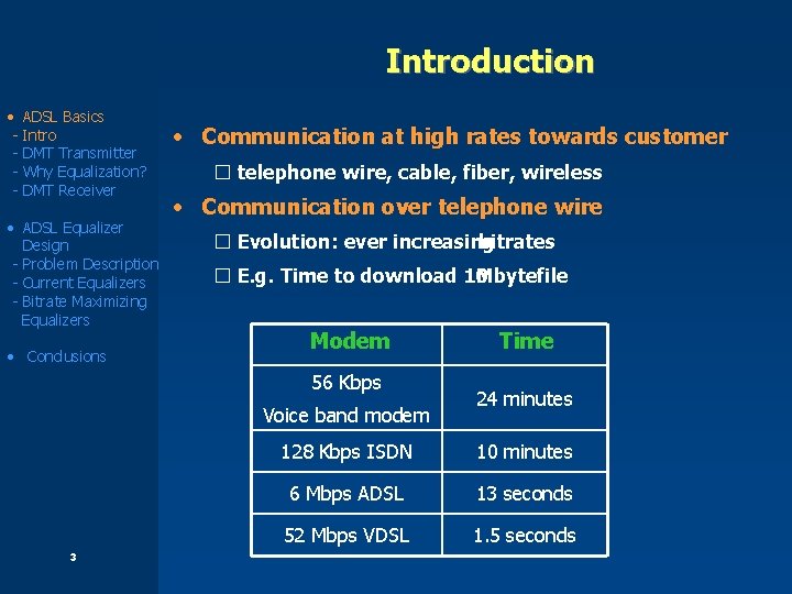 Introduction • ADSL Basics - Intro - DMT Transmitter - Why Equalization? - DMT