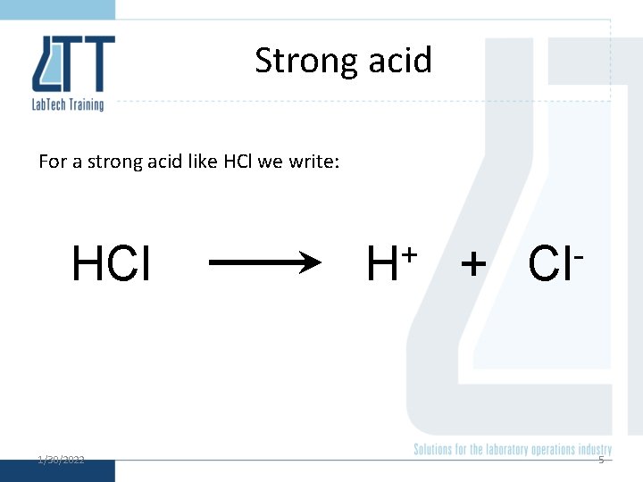 Strong acid For a strong acid like HCl we write: HCl 1/30/2022 + H Strong acid For a strong acid like HCl we write: HCl 1/30/2022 + H