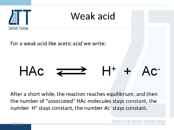 Weak acid For a weak acid like acetic acid we write: HAc + H Weak acid For a weak acid like acetic acid we write: HAc + H