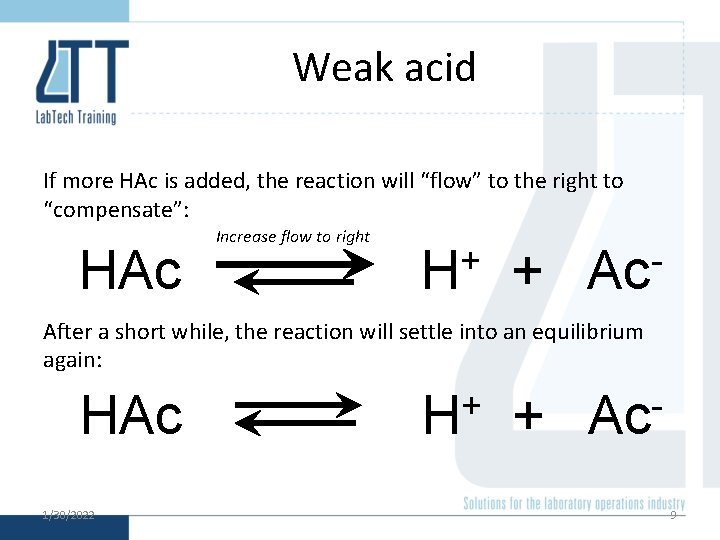 Weak acid If more HAc is added, the reaction will “flow” to the right Weak acid If more HAc is added, the reaction will “flow” to the right