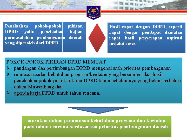 Penelaahan pokok-pokok pikiran DPRD yaitu penelaahan kajian permasalahan pembangunan daerah yang diperoleh dari DPRD
