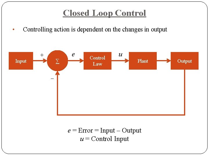 Closed Loop Control • Controlling action is dependent on the changes in output Input
