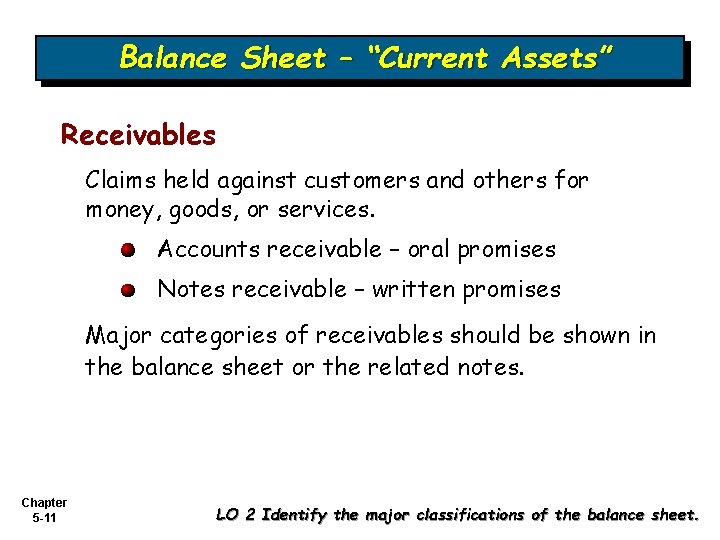 Balance Sheet – “Current Assets” Receivables Claims held against customers and others for money,