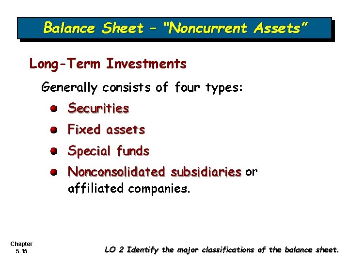 Balance Sheet – “Noncurrent Assets” Long-Term Investments Generally consists of four types: Securities Fixed