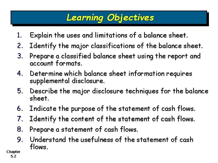 Learning Objectives 1. Explain the uses and limitations of a balance sheet. 2. Identify