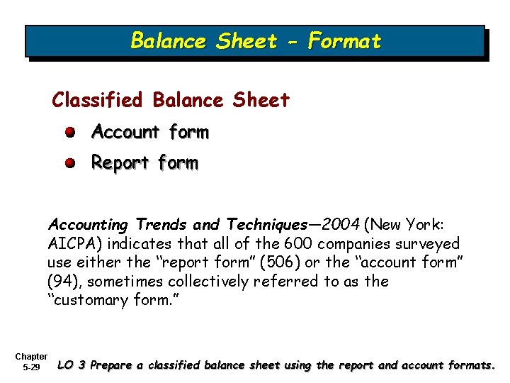 Balance Sheet - Format Classified Balance Sheet Account form Report form Accounting Trends and