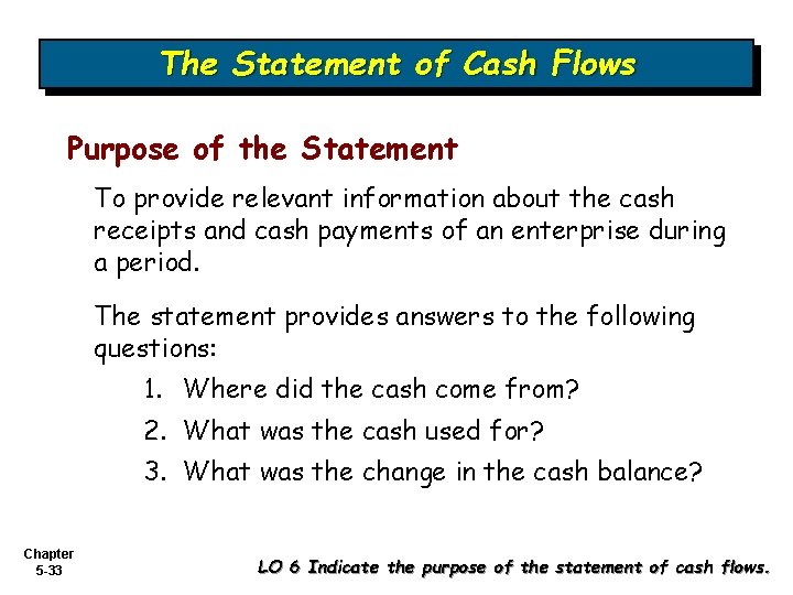 The Statement of Cash Flows Purpose of the Statement To provide relevant information about