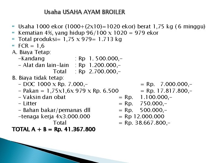 Usaha USAHA AYAM BROILER Usaha 1000 ekor (1000+(2 x 10)=1020 ekor) berat 1, 75 Usaha USAHA AYAM BROILER Usaha 1000 ekor (1000+(2 x 10)=1020 ekor) berat 1, 75