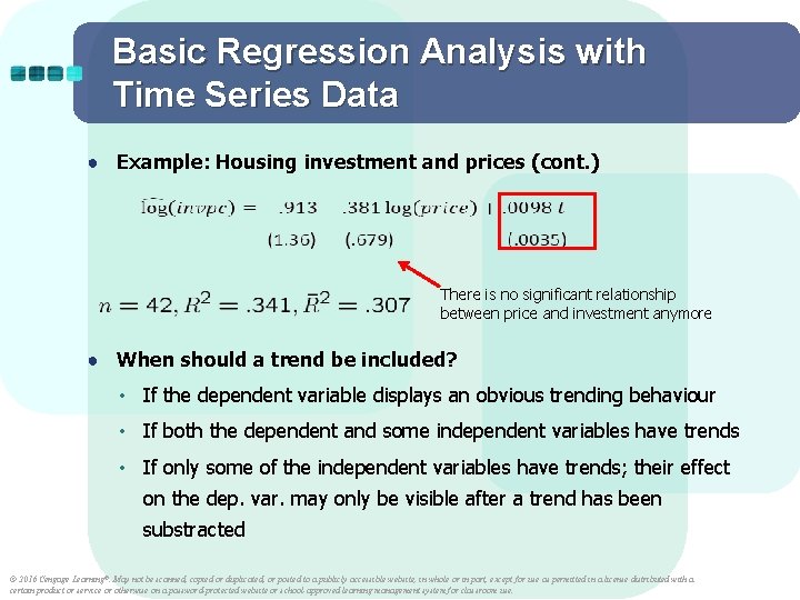 Basic Regression Analysis with Time Series Data ● Example: Housing investment and prices (cont. Basic Regression Analysis with Time Series Data ● Example: Housing investment and prices (cont.