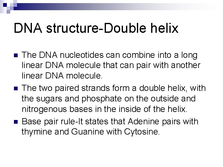 DNA structure-Double helix n n n The DNA nucleotides can combine into a long