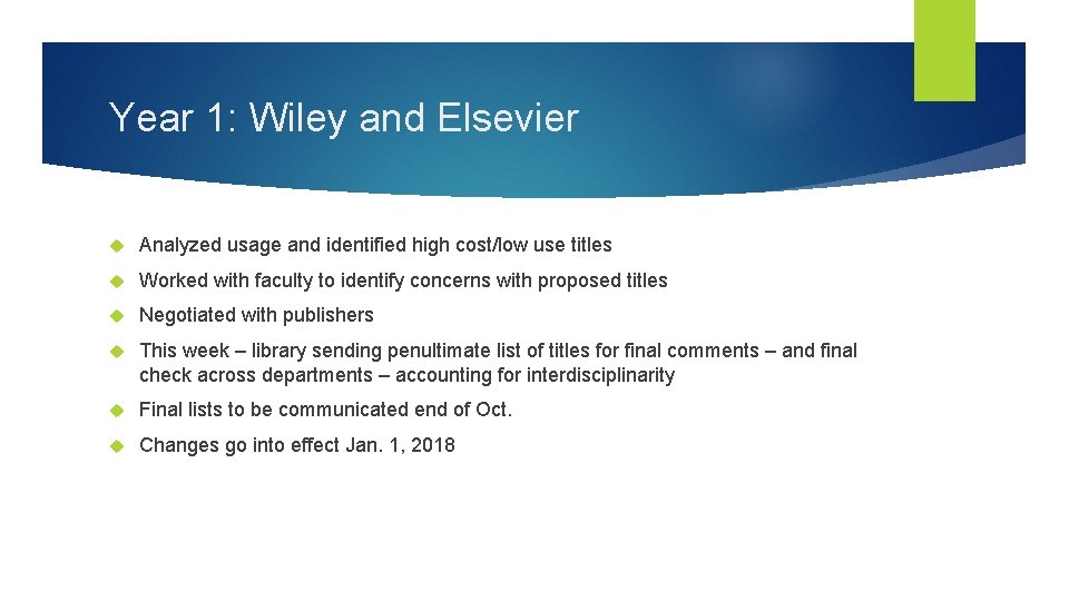 Year 1: Wiley and Elsevier Analyzed usage and identified high cost/low use titles Worked