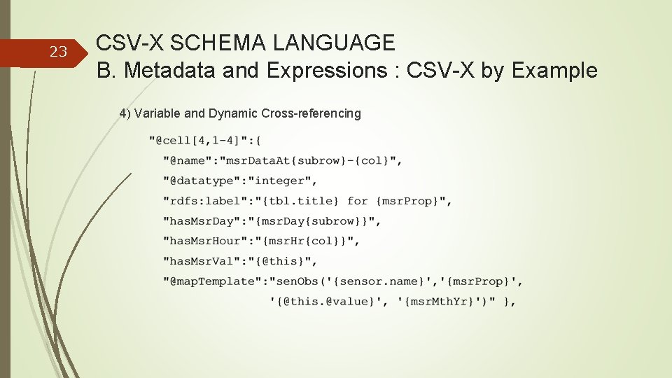 23 CSV-X SCHEMA LANGUAGE B. Metadata and Expressions : CSV-X by Example 4) Variable