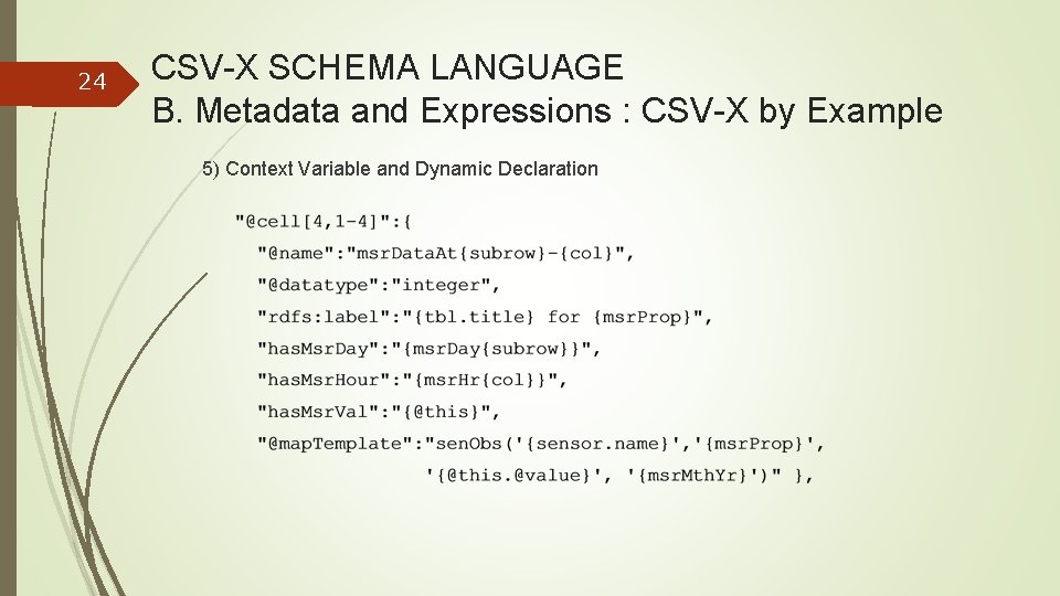 24 CSV-X SCHEMA LANGUAGE B. Metadata and Expressions : CSV-X by Example 5) Context