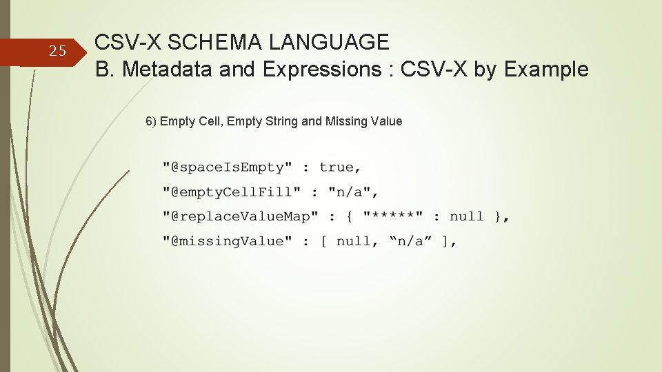 25 CSV-X SCHEMA LANGUAGE B. Metadata and Expressions : CSV-X by Example 6) Empty