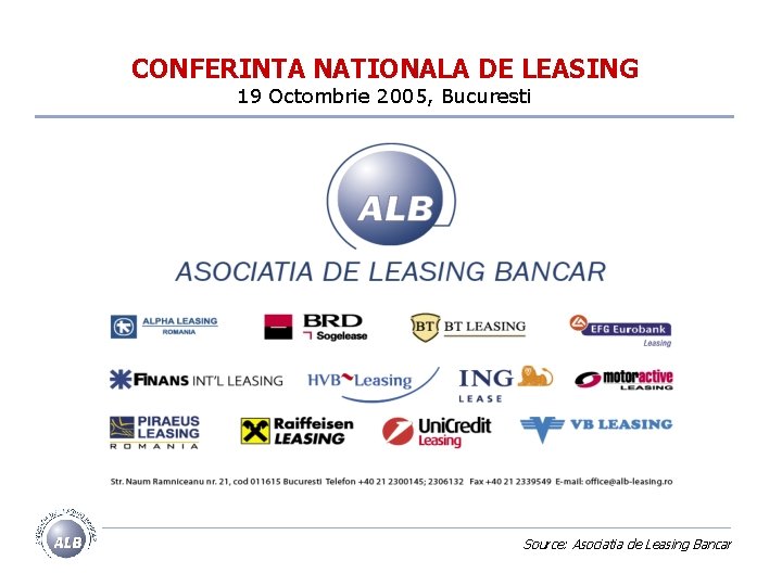 CONFERINTA NATIONALA DE LEASING 19 Octombrie 2005, Bucuresti Source: Asociatia de Leasing Bancar 