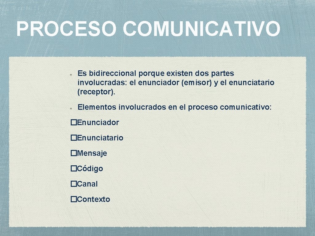 PROCESO COMUNICATIVO Es bidireccional porque existen dos partes involucradas: el enunciador (emisor) y el PROCESO COMUNICATIVO Es bidireccional porque existen dos partes involucradas: el enunciador (emisor) y el