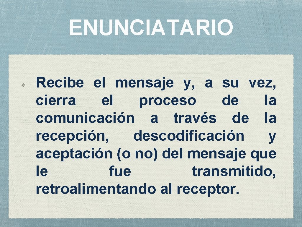 ENUNCIATARIO Recibe el mensaje y, a su vez, cierra el proceso de la comunicación ENUNCIATARIO Recibe el mensaje y, a su vez, cierra el proceso de la comunicación
