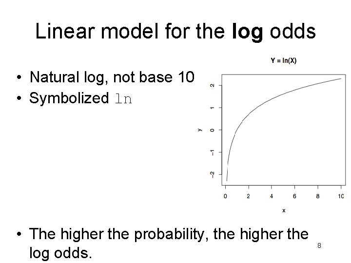 Linear model for the log odds • Natural log, not base 10 • Symbolized