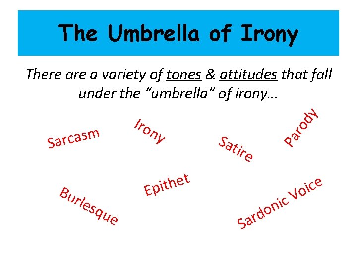 The Umbrella of Irony There a variety of tones & attitudes that fall under