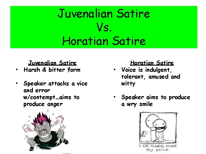 Juvenalian Satire Vs. Horatian Satire Juvenalian Satire • Harsh & bitter form • Speaker