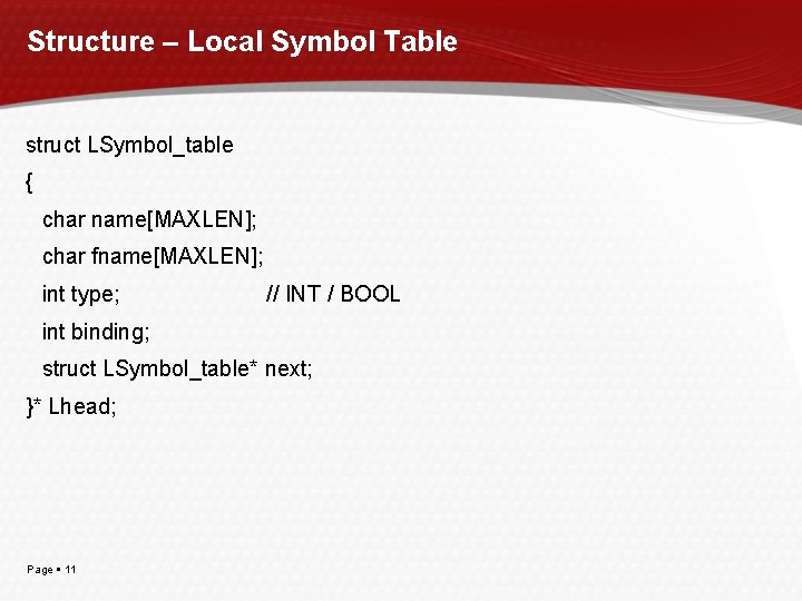 Structure – Local Symbol Table struct LSymbol_table { char name[MAXLEN]; char fname[MAXLEN]; int type;