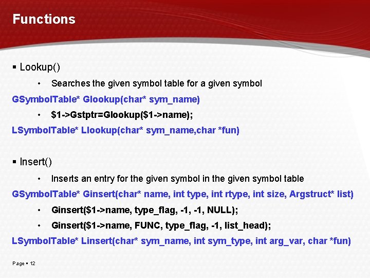 Functions Lookup() • Searches the given symbol table for a given symbol GSymbol. Table*