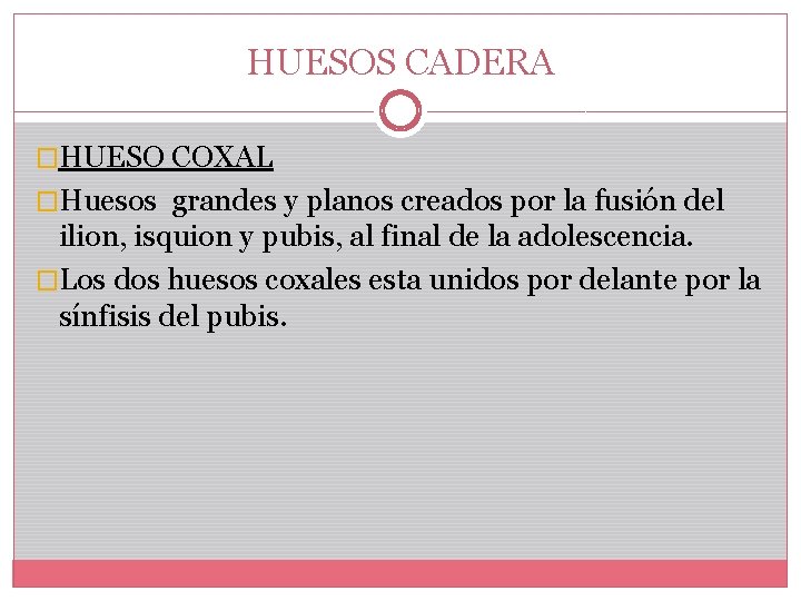 HUESOS CADERA �HUESO COXAL �Huesos grandes y planos creados por la fusión del ilion,