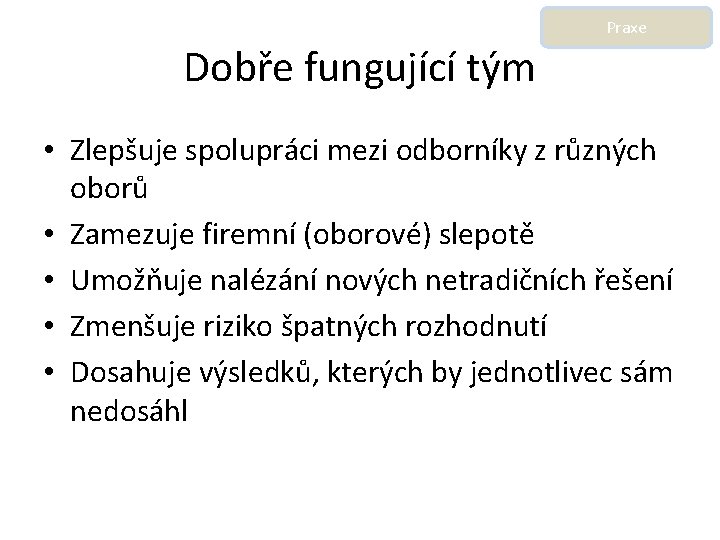 Praxe Dobře fungující tým • Zlepšuje spolupráci mezi odborníky z různých oborů • Zamezuje