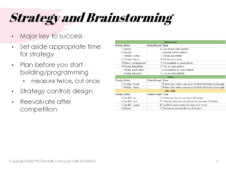 Strategy and Brainstorming • Major key to success • Set aside appropriate time for