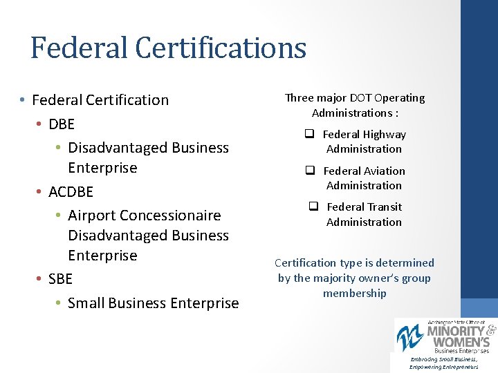 Federal Certifications • Federal Certification • DBE • Disadvantaged Business Enterprise • ACDBE •