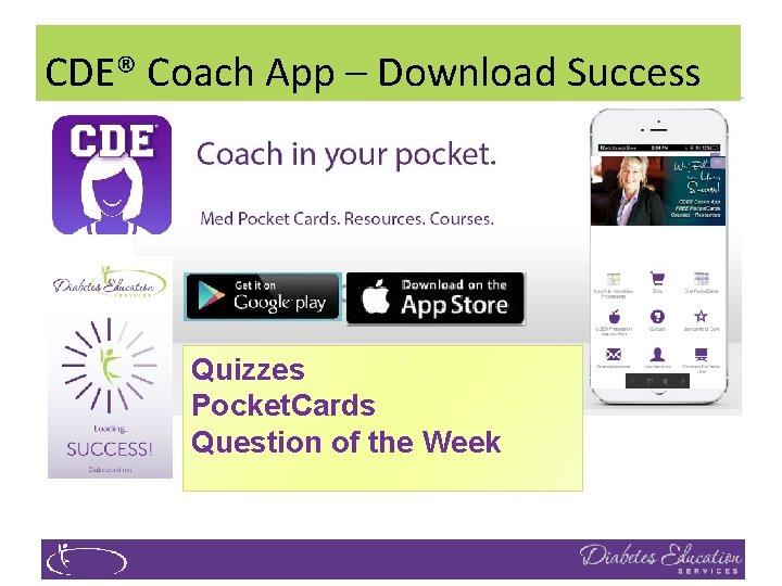 CDE® Coach App – Download Success Quizzes Pocket. Cards Question of the Week 