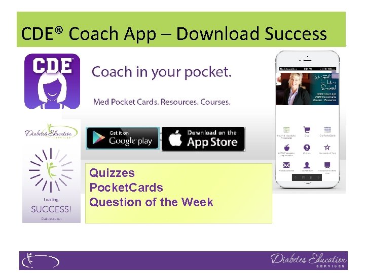CDE® Coach App – Download Success Quizzes Pocket. Cards Question of the Week 