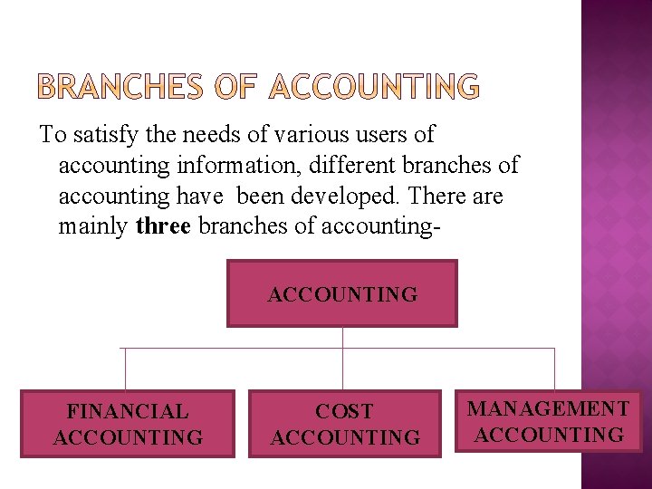 To satisfy the needs of various users of accounting information, different branches of accounting