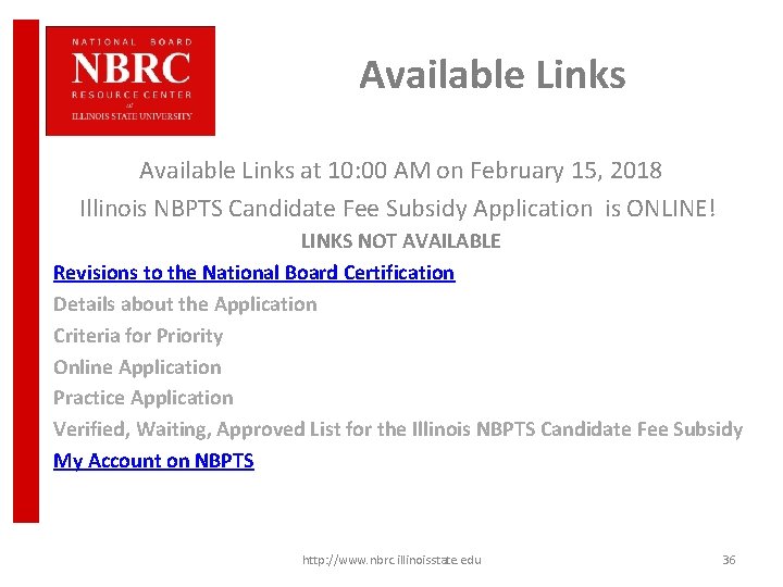 Available Links at 10: 00 AM on February 15, 2018 Illinois NBPTS Candidate Fee