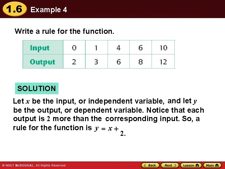 1. 6 Example 4 Write a rule for the function. SOLUTION Let x be