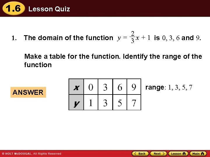 1. 6 Lesson Quiz 2 1. The domain of the function y = 3