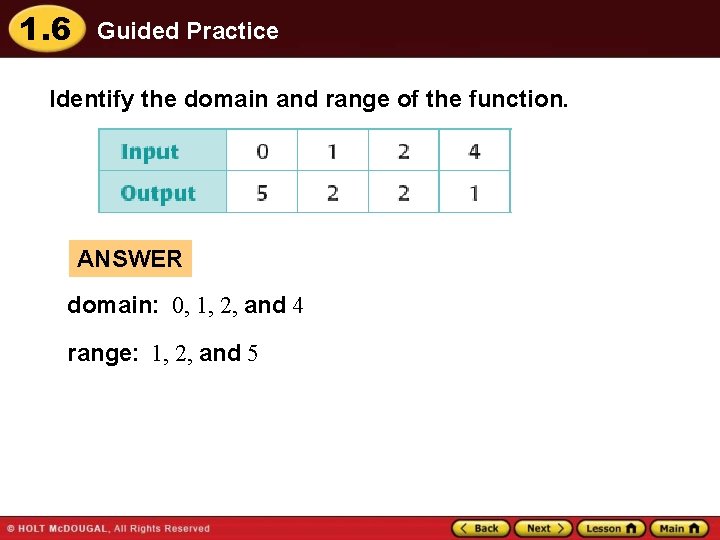 1. 6 Guided Practice Identify the domain and range of the function. ANSWER domain: