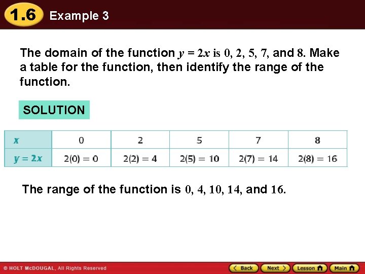 1. 6 Example 3 The domain of the function y = 2 x is
