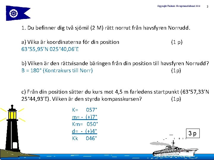 Copyright Finlands Navigationsförbund 2016 2 1. Du befinner dig två sjömil (2 M) rätt