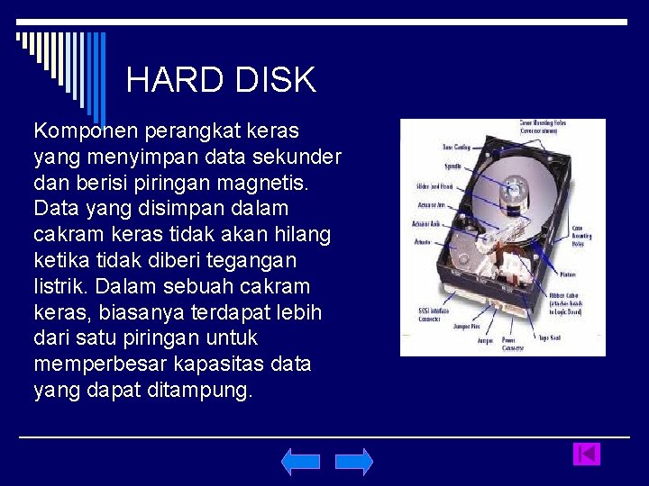 HARD DISK Komponen perangkat keras yang menyimpan data sekunder dan berisi piringan magnetis. Data